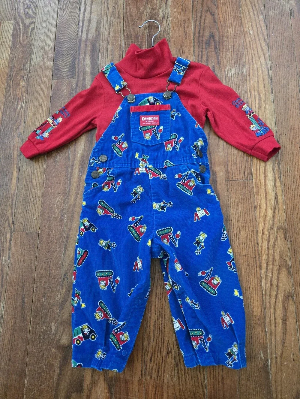 Vintage Oshkosh B'gosh Mice Construction Corduroy Overalls Set 24 M Red Shirt
